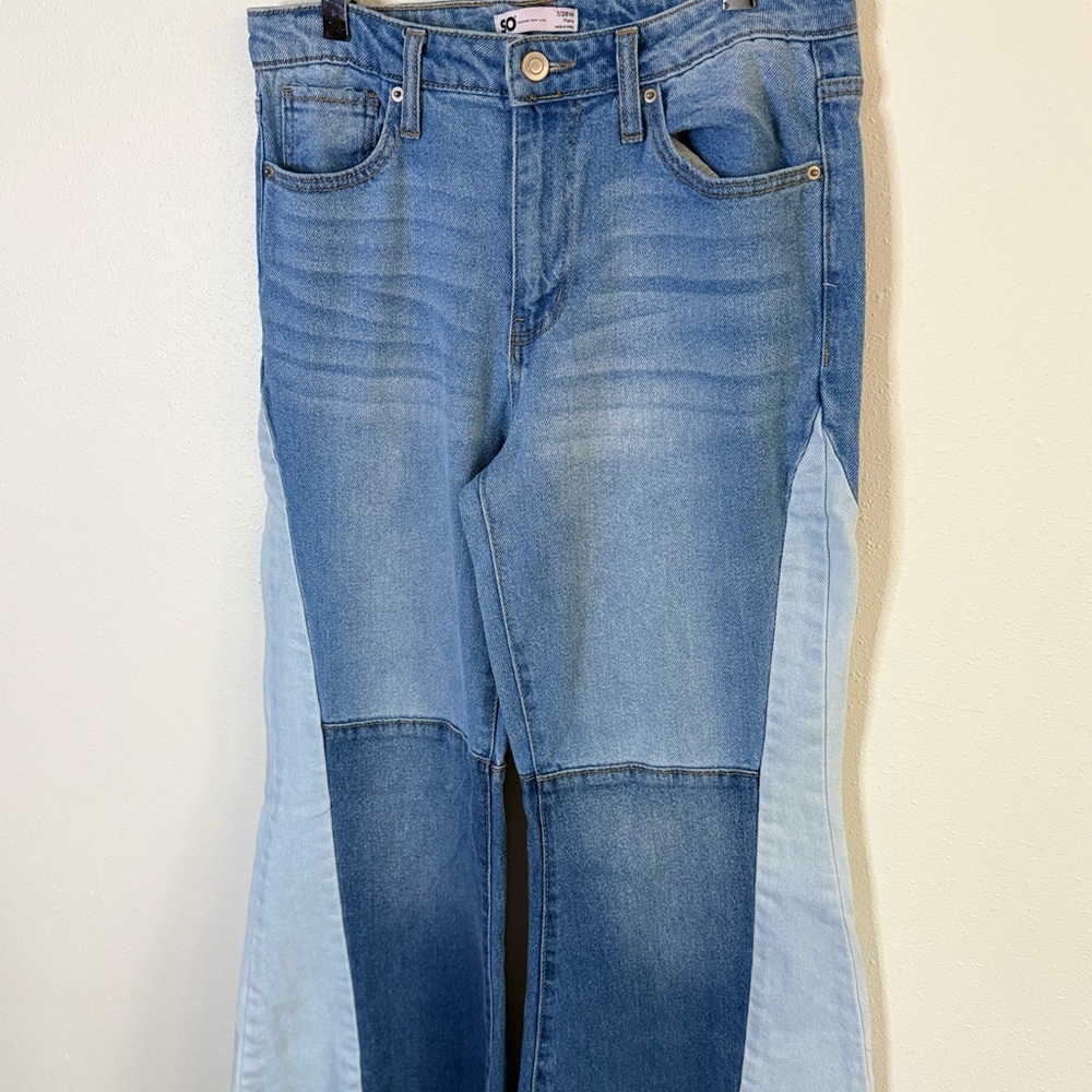 Y2K Two Tone Flare Jeans Colorblock Wide Leg Denim 7/28 - Picture 4 of 10